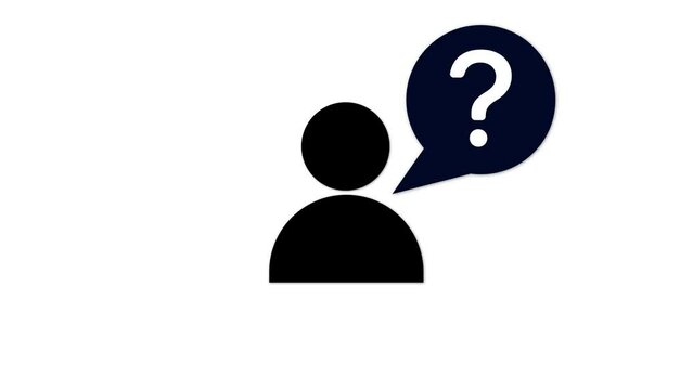 Person with question icon animated on a white background.