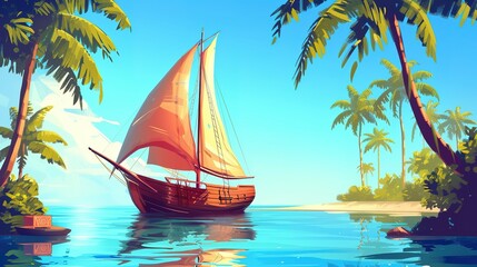 Old sailboat floating on calm blue water of sea or ocean near tropical island with palm trees. Cartoon marine sunny landscape with vessel in harbor. Ship with wooden deck and stamp, red canvas sails - obrazy, fototapety, plakaty
