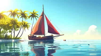 Fototapeten Old sailboat floating on calm blue water of sea or ocean near tropical island with palm trees. Cartoon marine sunny landscape with vessel in harbor. Ship with wooden deck and stamp, red canvas sails © Jennifer