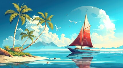Obraz premium Old sailboat floating on calm blue water of sea or ocean near tropical island with palm trees. Cartoon marine sunny landscape with vessel in harbor. Ship with wooden deck and stamp, red canvas sails