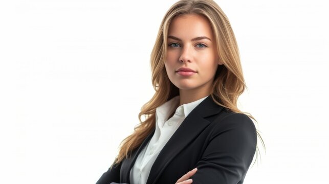 professional woman in a concentrated pose, in front of a clean white background generative ai