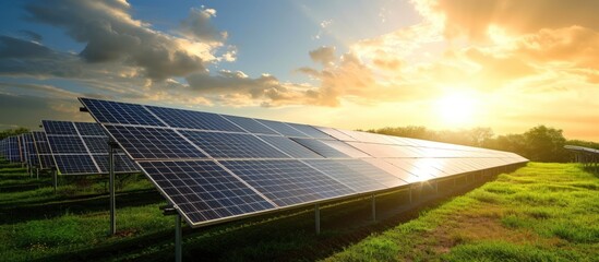 Solar panels in farm with sunlight to create the clean renewable energy electric power. AI generated