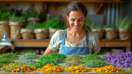 Happy and smiling herbalist and gardener woman with herbs and herbal teas on the table in her store. Business run by women. Career, self employment, women's autonomy. Concept of women at work 
