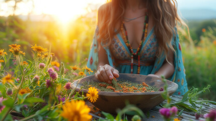 Hands of a spiritual medicine woman preparing medicinal herbs in a bowl; sacred ritual plants for purification and healing of soul and body. natural preparation of shaman healer, for holistic care