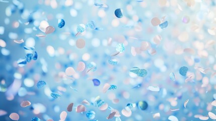 Tranquil blue pastel background complementing the holographic confetti, generative ai