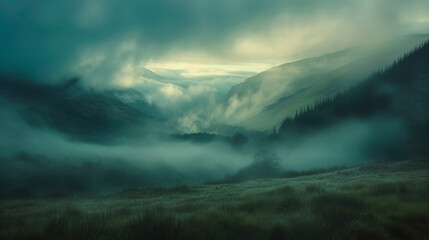 Naklejka premium Misty landscape valley with thin fog at dawn with epic hills and mountain view
