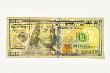 Franklin watermark on 100 bill. fragment of 100 dollar banknote with visible details of banknote...
