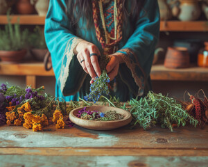 Hands of a spiritual medicine woman preparing medicinal herbs in a bowl. Sacred ritual plants for purification and healing of soul and body. natural preparation of shaman healer, for holistic care - obrazy, fototapety, plakaty