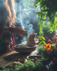 female healer herbalist in her wooden house prepares natural herbs for an ancient herbal healing remedy. Traditional medicine and naturopathy. Soft, poetic lighting at dawn. nostalgic image