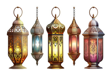 Colorful Ramadan fanous lamps, Ramadan conceptual decor over white transparent background - obrazy, fototapety, plakaty