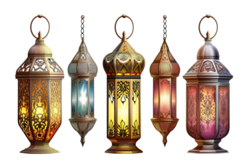Colorful Ramadan fanous lamps, Ramadan conceptual decor over white transparent background