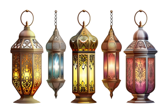 Colorful Ramadan fanous lamps, Ramadan conceptual decor over white transparent background