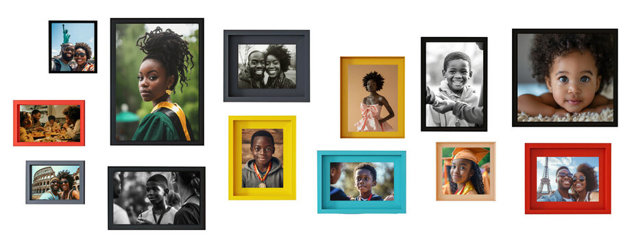 Colorful variety of photo frames with African American family portraits over white transparent background