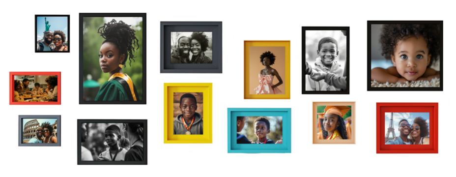 Colorful variety of photo frames with African American family portraits over white transparent background