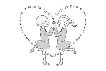 喜び合う学生の女の子たちと桜のハート