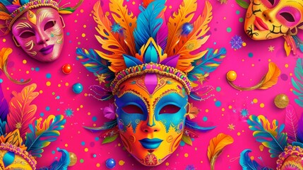 Vibrant carnival design with colorful masks and festive decorations on a lively pink background. generative ai
