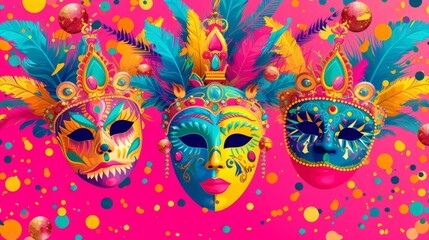 Vibrant carnival design with colorful masks and festive decorations on a lively pink background. generative ai