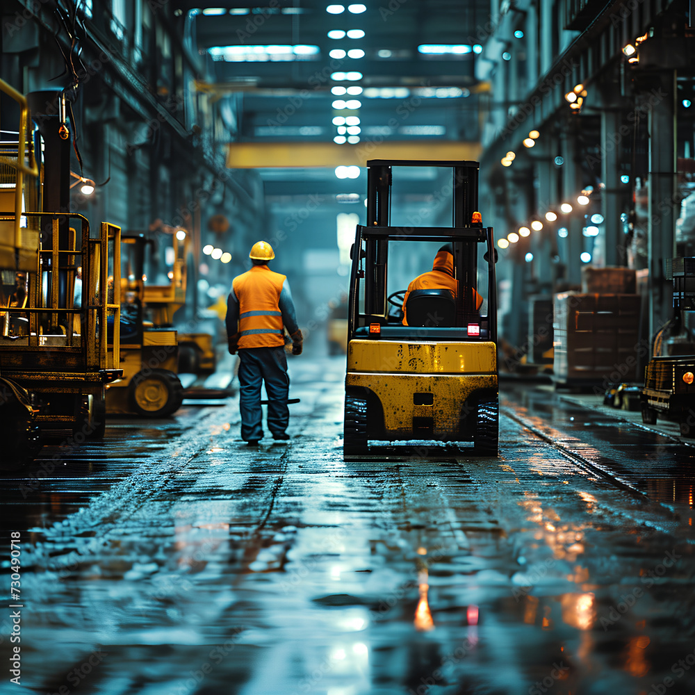 Wall mural workers handling a forklift in the factory