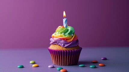 Celebratory cupcake with a mix of bold frosting colors and a single candle. generative ai