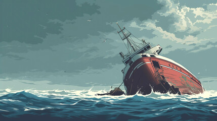 An illustration of a sinking ship serves as a cautionary reminder of the potential risks and losses ociated with grain shipping and the importance of having reliable insurance - obrazy, fototapety, plakaty