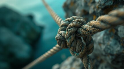 close up view rope with a knot on a mountain generative ai