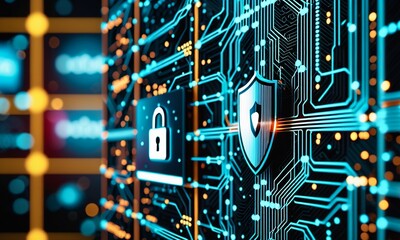 cyber security, abstract computer chip, technology background with a padlock, internet security and data protection