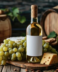 Bottle of white wine with a white label on a background of grapes and cheese