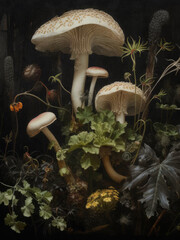 Woodland mushrooms, moody moss mushroom wall print, floral dark academia, halloween printable, vintage poster, gothic oil painting