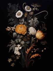 Dark floral print, wildflowers wall art, black botanical print, floral wall art, dark botanical art, flower wall art, digital prints