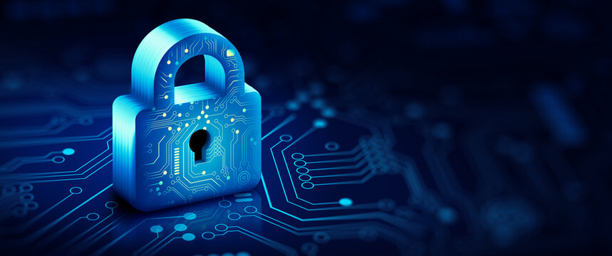 Padlock with Keyhole in data security on Converging point of circuit. Cyber data and information privacy. Future technology security, Network protection, and Modern safety digital Concept. 3D render.