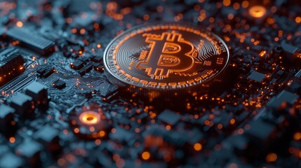 A bitcoin in futuristic style. Cryptocurrency bitcoin the future coin. Concept of bitcoin as world future currency. Crypto exchange. Electronic cryptocurrency and modern technology. Future image. BTC