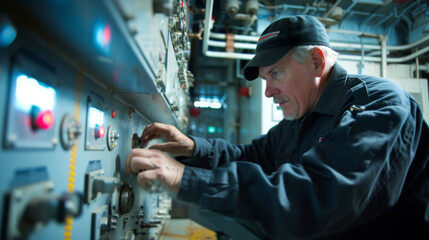 Amid the steady hum of the ships electrical systems the chief engineer troubleshoots any issues that may arise utilizing his expert knowledge to keep the power flowing smoothly.