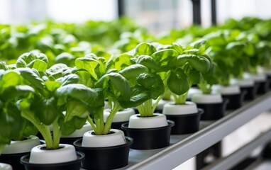 On the white rails, hydroponically cultivated green vegetables are contained within black plastic cups