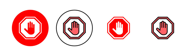 Stop icon set illustration. stop road sign. hand stop sign and symbol. Do not enter stop red sign with hand