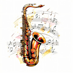 Classic saxophone with music notes cartoon isolated.