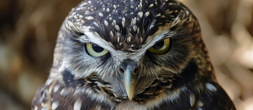 Tranquil, powerful owl with heavy eyes in a drowsy portrait.