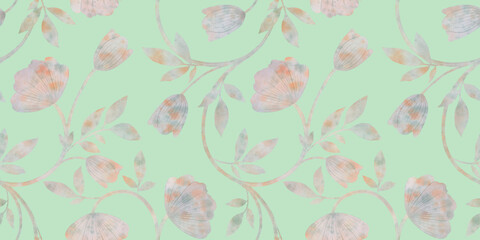 Abstract flower with leaves drawn in watercolor on a light green background for wrapping paper, wallpaper, textiles