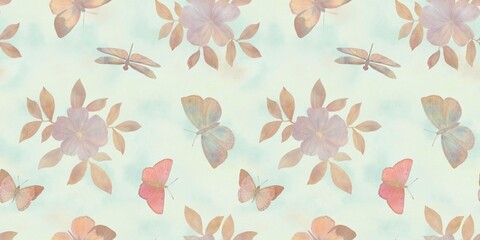 colorful watercolor pattern, seamless flowers and butterflies on watercolor background