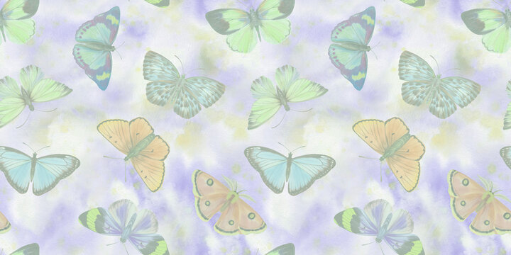 watercolor butterflies, hand drawn illustration, seamless pattern on colorful abstract background.