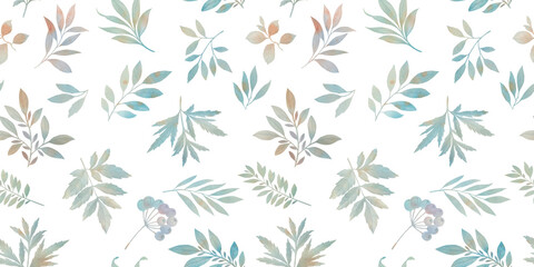 Fototapeta na wymiar Watercolor seamless pattern, delicate leaves, branches, berries. Delicate watercolor illustration on a white background. Basis for design - fabric, textiles, wallpaper, wrapping paper, scrapbooking