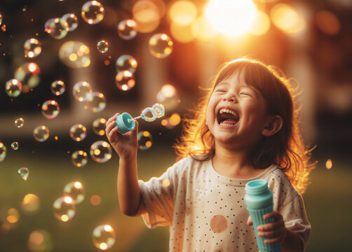 Joyful Child Playing with Soap Bubbles