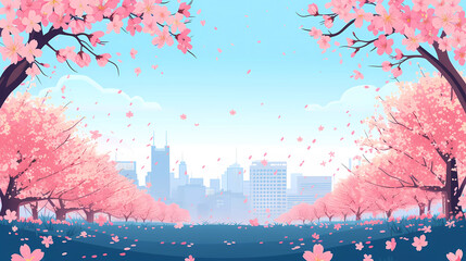 Beautiful spring landscape park with blooming cherry blossom trees with city background