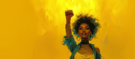 Fist of a young african american woman. Demonstration, revolution, Yellow Copy Space . Black lives matter. Stop abuse, discrimination, violence concept. Black women's history month - obrazy, fototapety, plakaty