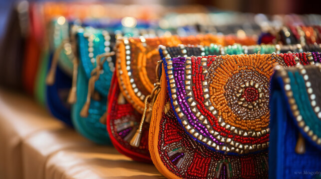 Closeup of Indian woman with fancy handbags or purses.