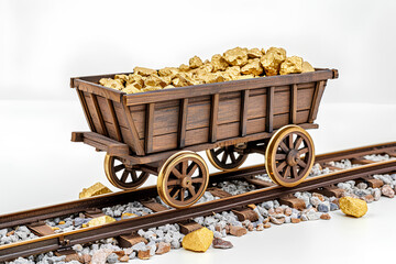 A depiction of a mine cart filled with gold nuggets, symbolizing the connection between mining and cryptocurrency, set against a white background.