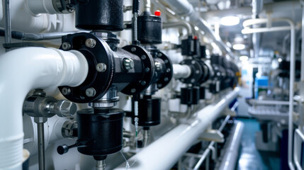A closeup of a ballast water treatment system on a ship utilizing advanced filtration and dis technology to prevent the spread of invasive species.