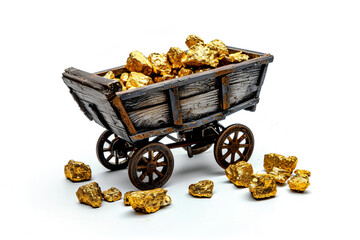 A depiction of a mine cart filled with gold nuggets, symbolizing the connection between mining and cryptocurrency, set against a white background.