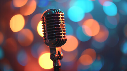 Fototapeta na wymiar Closeup of retro microphone on stage with a bokeh.