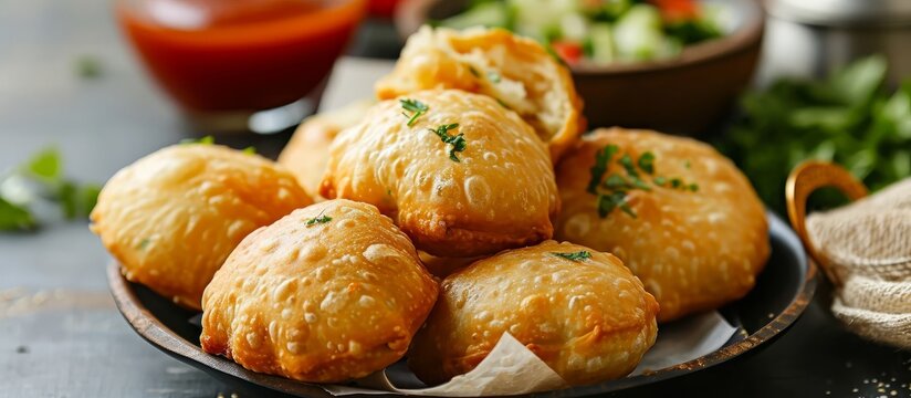 Kachori is a spicy snack usually served with tea, green salad, and tomato ketchup.