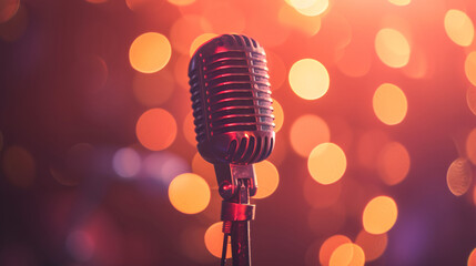 Closeup of retro microphone on stage with a bokeh.